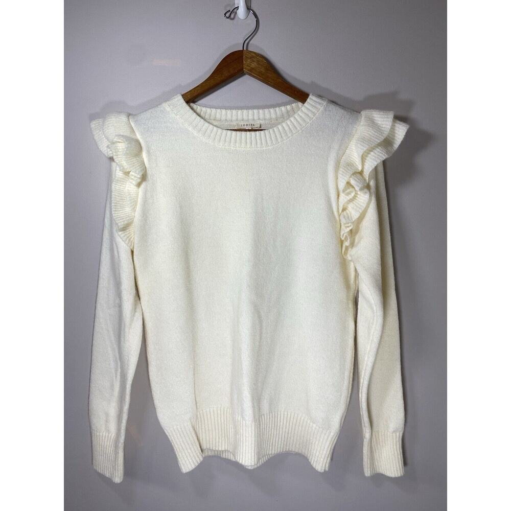 Jodifl Sweater Women Ivory Ruffle Crewneck Long Sleeve Tight Knit Pullover